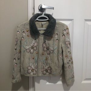 Anthropologie | Blank Floral Embroidered Cropped Jacket w Fuzzy Collar